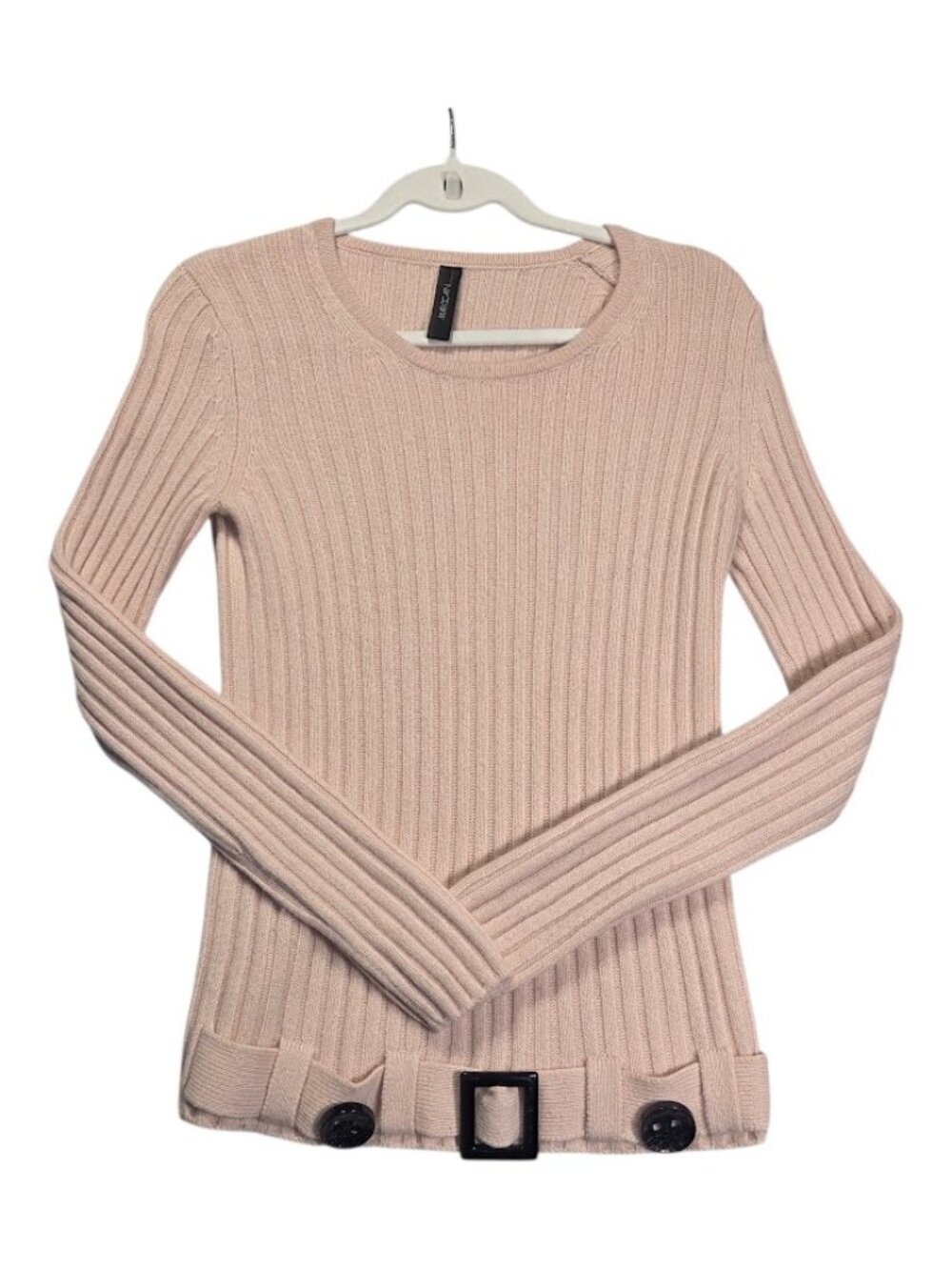 Marc Cain 50% Cashmere 50% Wool Dusty Pink Ribbed Belted Sweater Size 4-6
